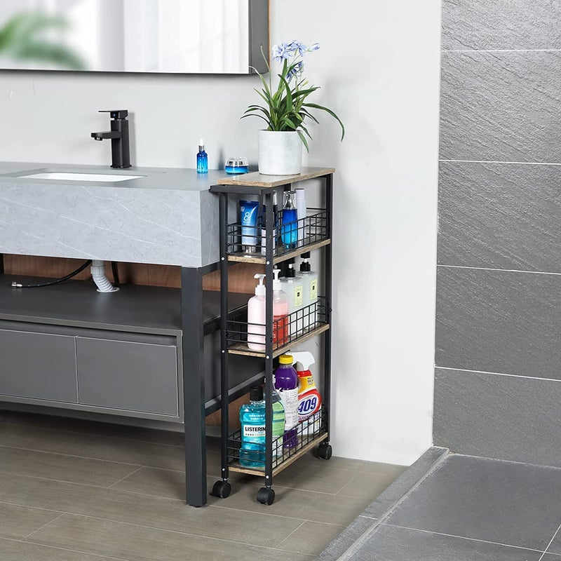 Generic Indian Decor XL100 Slim Storage Cart for Small Spaces 4 Tier Mobile Rolling Cart Wheels Slide Out Storage Utility Shelves Cart with Wooden for Kitchen Narrow Spaces  - Image 4