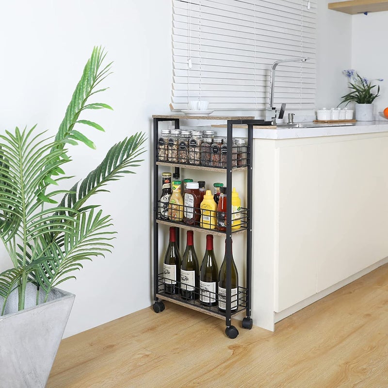 Generic Indian Decor XL100 Slim Storage Cart for Small Spaces 4 Tier Mobile Rolling Cart Wheels Slide Out Storage Utility Shelves Cart with Wooden for Kitchen Narrow Spaces  - Image 3