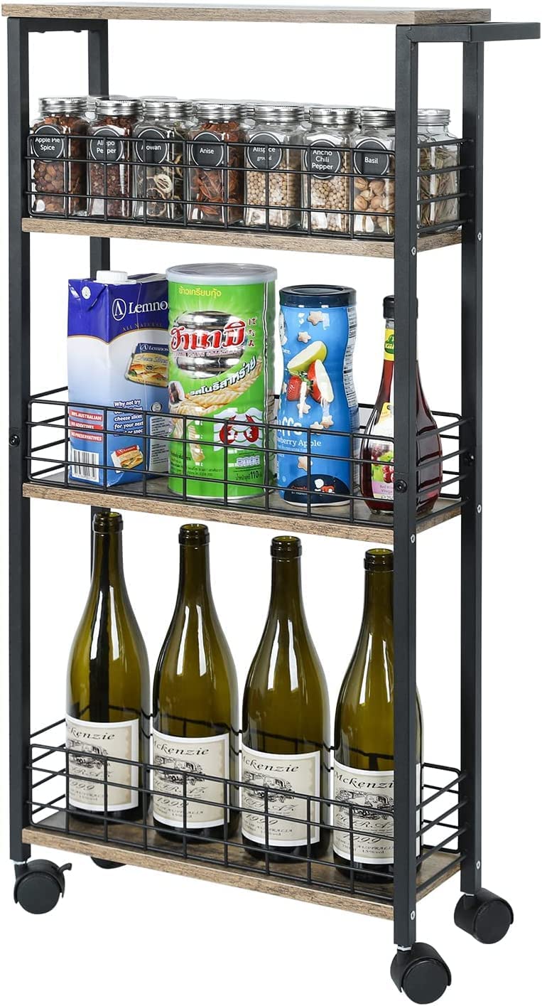 Generic Indian Decor XL100 Slim Storage Cart for Small Spaces 4 Tier Mobile Rolling Cart Wheels Slide Out Storage Utility Shelves Cart with Wooden for Kitchen Narrow Spaces  - Image 1