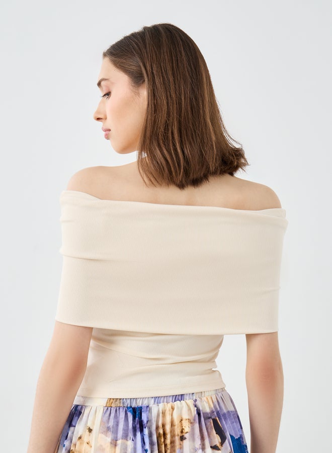 Take Two Beige Solid Off Shoulder Knit Top - Image 4