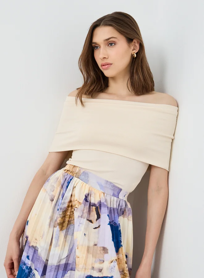 تايك تو Take Two Beige Solid Off Shoulder Knit Top