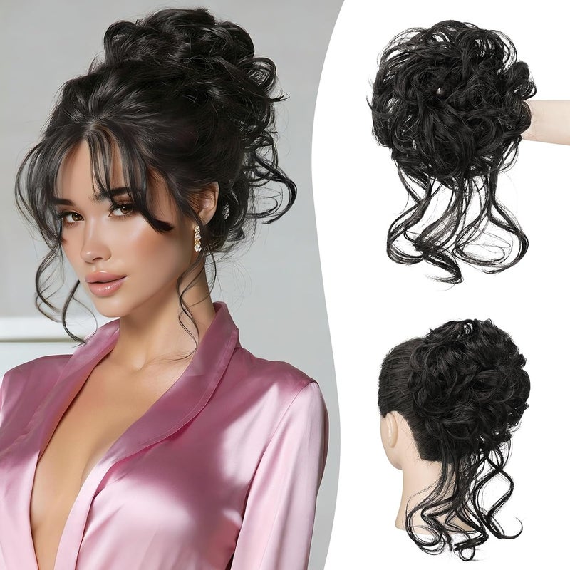 SOFEIYAN Messy Bun Hair Piece Curly Wavy Hair Bun Extensions Synthetic Tousled Updo with Tendrils Hairpieces Bun Donut Accessories Scrunchies for Women, Darkest Brown - Image 1