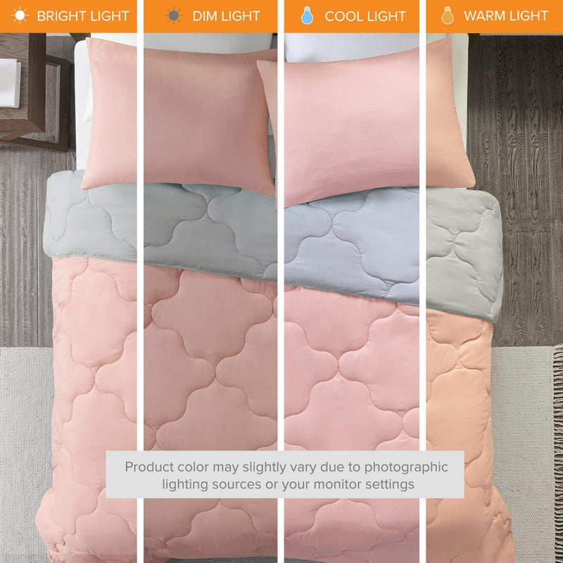 Comfort Spaces Vixie Reversible Comforter Set - Trendy Vibrant Color with Geometric Quilted Cover, Lightweight All Season Down Alternative Cozy Bedding, Sham, Coral/Gray, Full/Queen 3 piece - Image 3