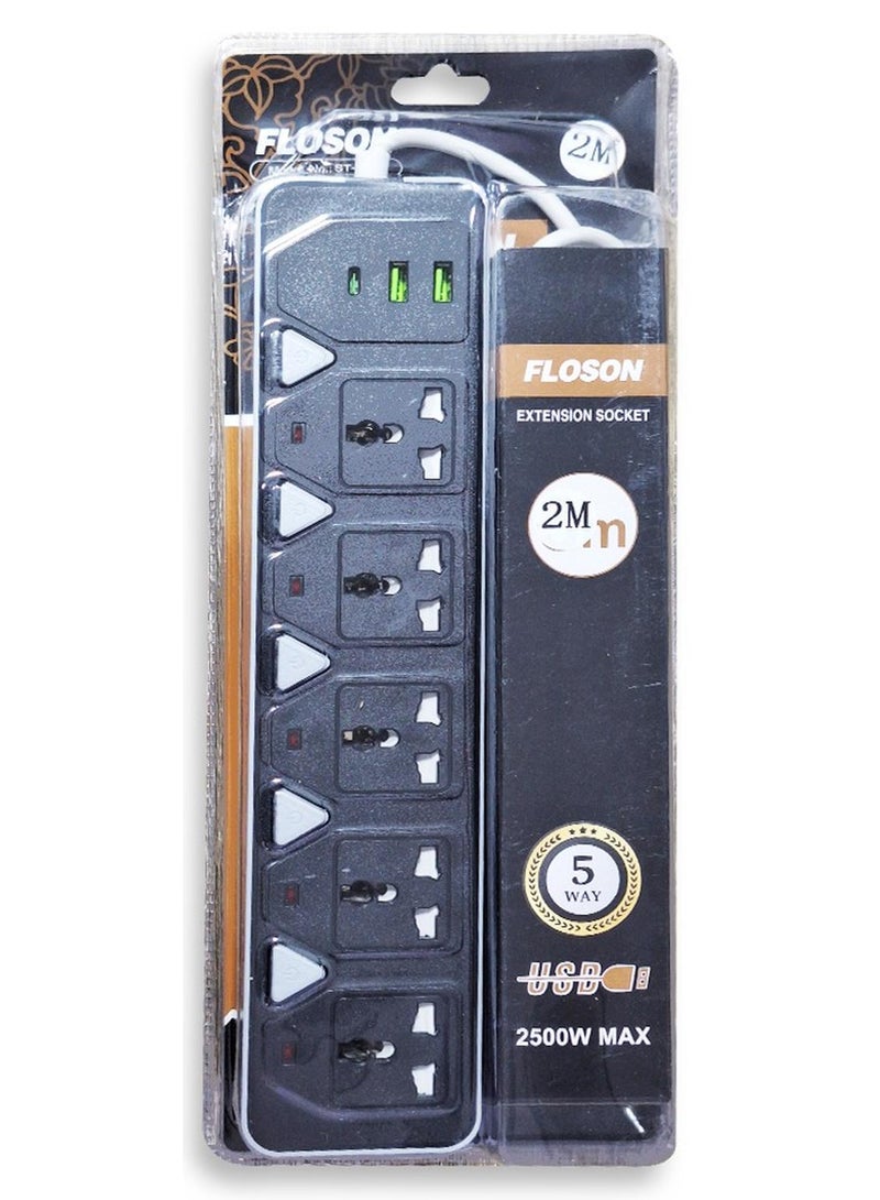 مشترك كهرباء - 2500 وات، 10 أمبير/220-250 فولت، مزود بـ 5 مخارج، كابل 2 متر، 2 منفذ يو اس بي ومنفذ تايب سي للاب توب، الكمبيوتر الشخصي، ماك بوك، الأجهزة الكهربائية المنزلية والمكتبية وشاحن الجوال - Image 1