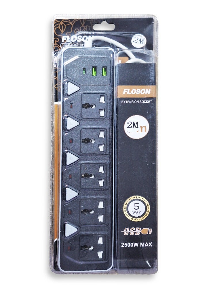 Generic Electric Power strip - 2500 watt, 10 A/220-250V , with 5Outlet , 2M cable , 2 Port USB and 1 port type-c for Laptop, PC, MacBook , Home and Office Electrical appliances and Mobile charger  - Image 1