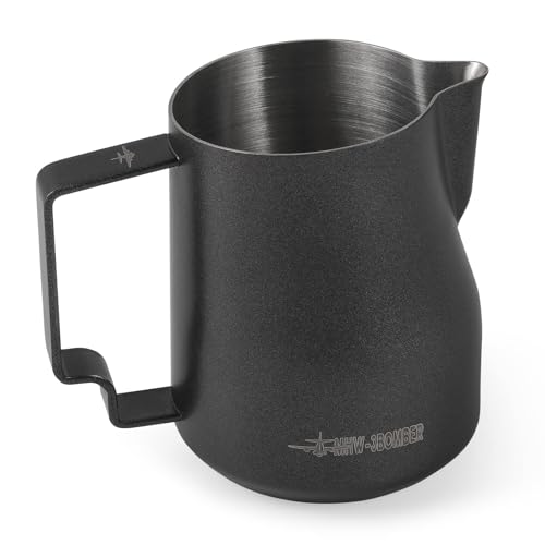 MHW-3BOMBER Milk Frothing Pitcher 12oz Milk Frother Cup Espresso Steaming Pitcher Stainless Steel Milk Frother Cup Barista Latte Art Round Spout Milk Jug, Black P6007MB-OS - Image 1