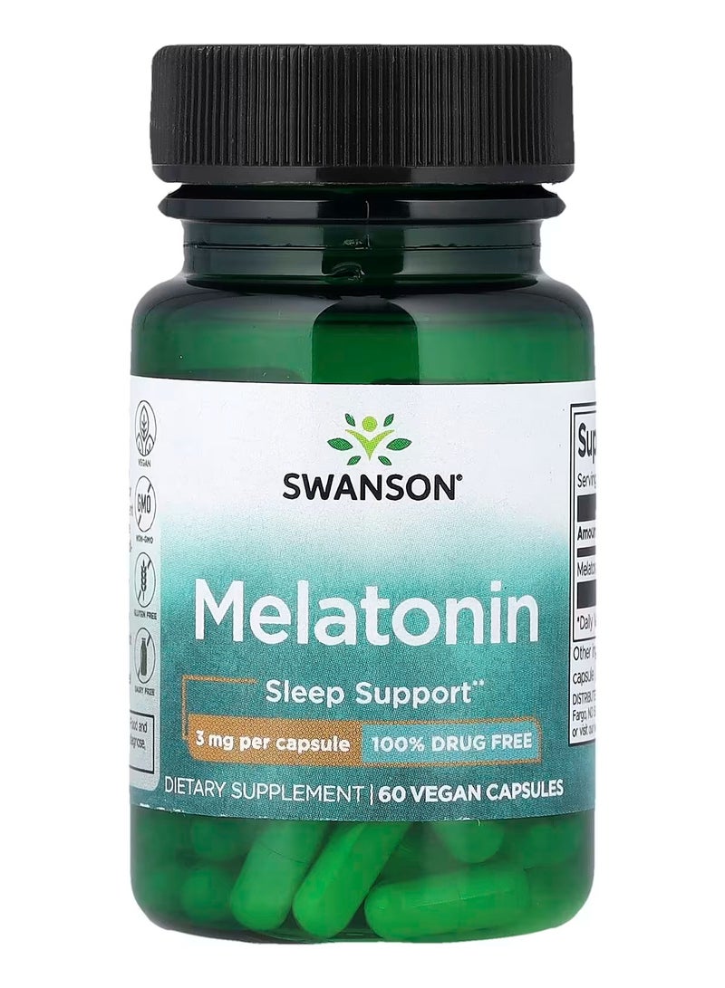 Swanson Melatonin 3mg Sleep Support Supplement – Promotes Restful Sleep & Healthy Sleep Cycles, 60 Capsules - Image 1