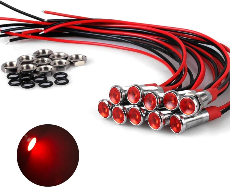 DMWD 10Pcs 6mm (1/4") Energy Saving LED Indicator Light 12V-24V 20mA Metal Waterproof Wide Flat Head Signal Lamp Pilot Dash Directional with Wire （Red LED) - Image 1