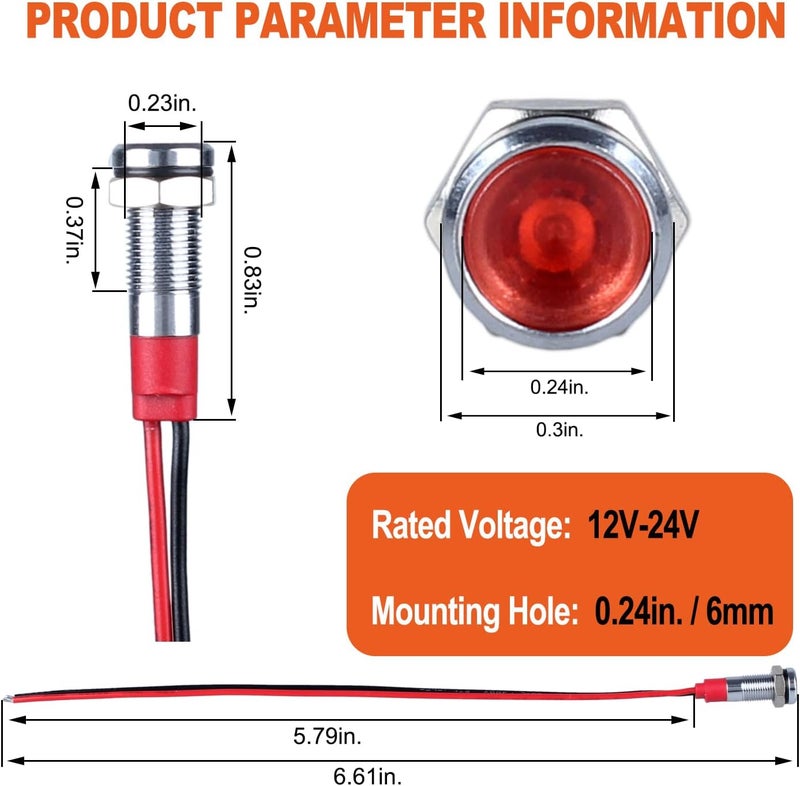 DMWD 10Pcs 6mm (1/4") Energy Saving LED Indicator Light 12V-24V 20mA Metal Waterproof Wide Flat Head Signal Lamp Pilot Dash Directional with Wire （Red LED) - Image 2