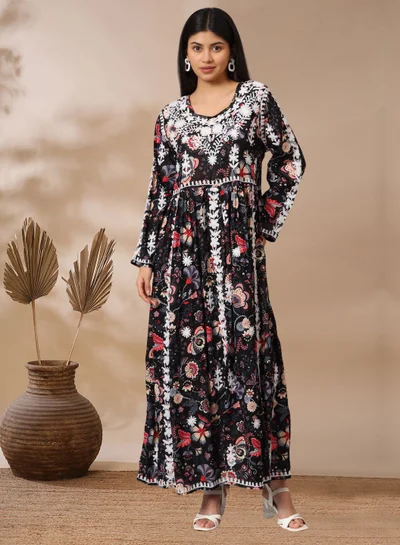الايا جلابية قطنية مطبوعة مطرزة يدويًا من لاكناوي شيكانكاري-AL3936