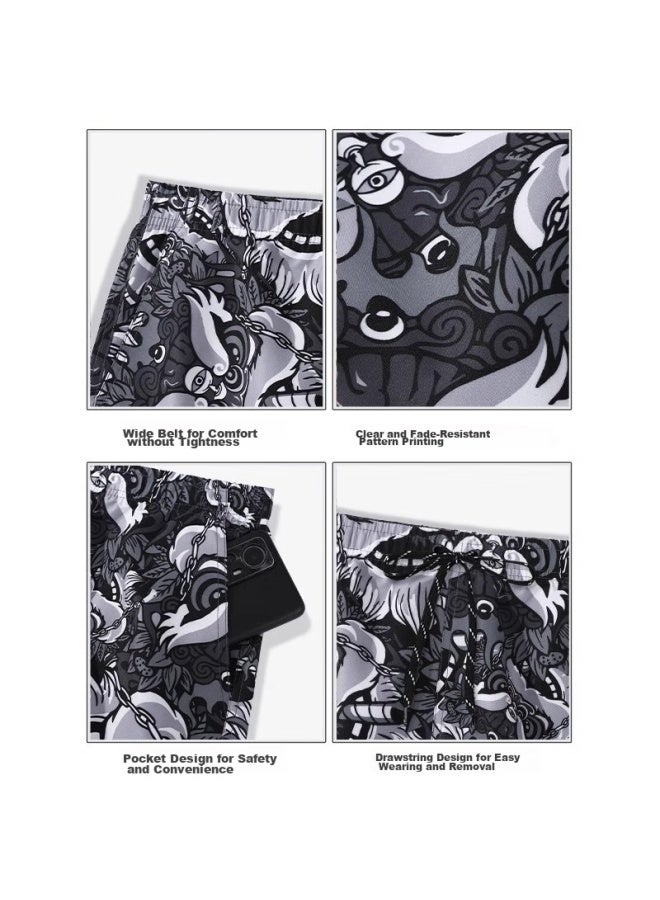 F.dyraa Men's Quick-dry Beach Shorts, Loose-fitting For Water Activities, Two-piece Set, 84006 Gray-black, Lion Dance Style, Size L - Image 4