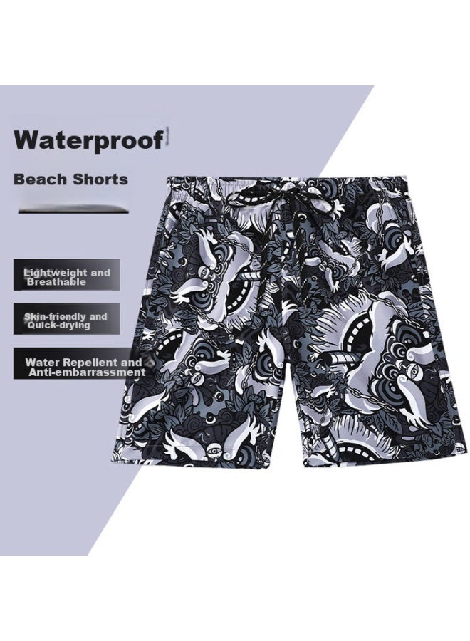 F.dyraa Men's Quick-dry Beach Shorts, Loose-fitting For Water Activities, Two-piece Set, 84006 Gray-black, Lion Dance Style, Size L - Image 1