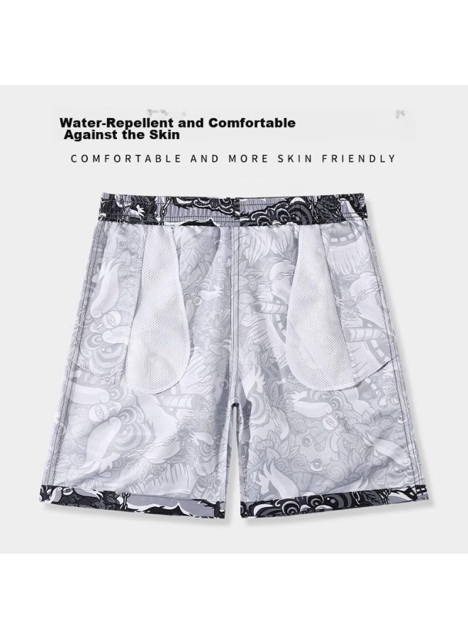 F.dyraa Men's Quick-dry Beach Shorts, Loose-fitting For Water Activities, Two-piece Set, 84006 Gray-black, Lion Dance Style, Size L - Image 2