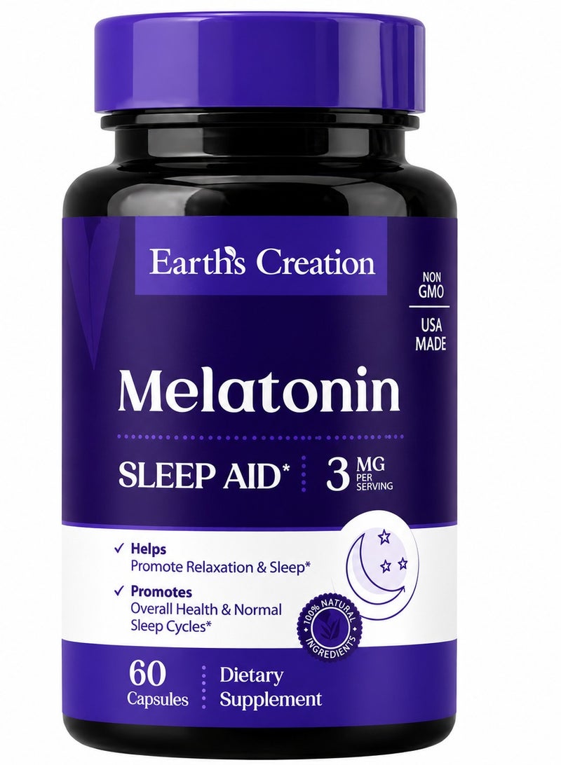 Earth's Creation Melatonin 3mg with Vitamin B6 Supplements  Natural Sleep Aid for Deep & Restful Sleep, Supports Circadian Rhythm, Non-Habit Forming, Non-GMO, Gluten-Free  60 Tablets - Image 1