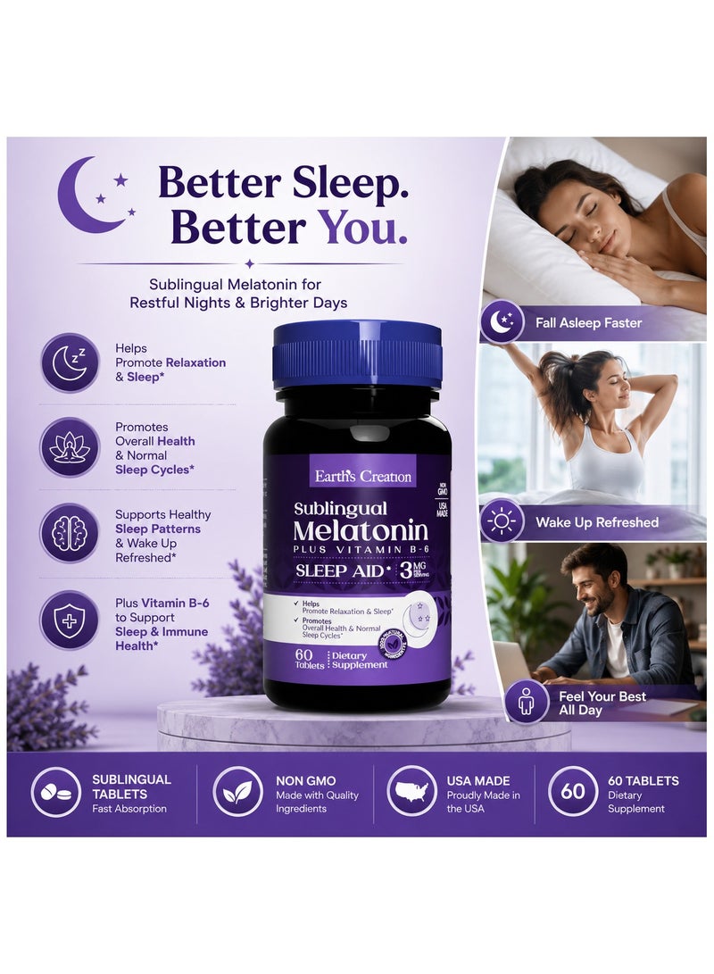 Earth's Creation Melatonin 3mg with Vitamin B6 Supplements  Natural Sleep Aid for Deep & Restful Sleep, Supports Circadian Rhythm, Non-Habit Forming, Non-GMO, Gluten-Free  60 Tablets - Image 2