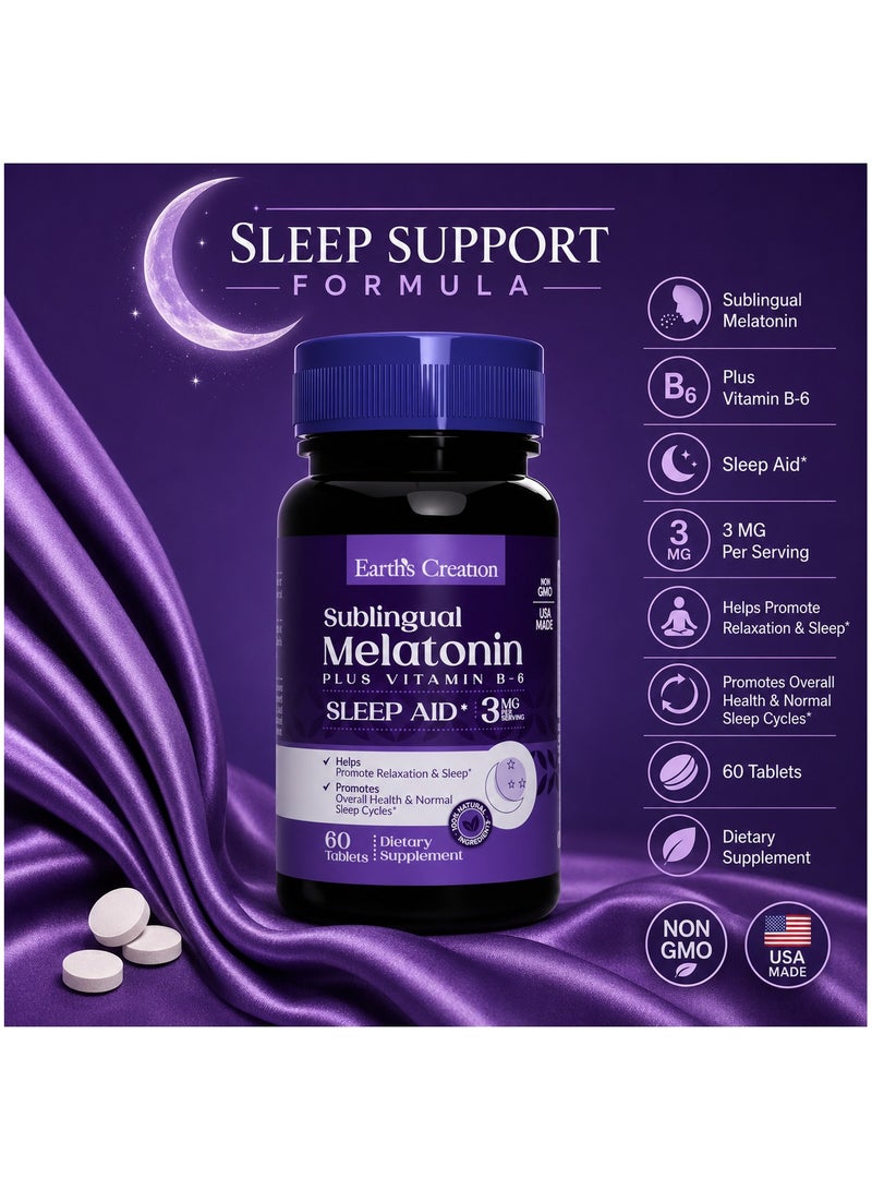 Earth's Creation Melatonin 3mg with Vitamin B6 Supplements  Natural Sleep Aid for Deep & Restful Sleep, Supports Circadian Rhythm, Non-Habit Forming, Non-GMO, Gluten-Free  60 Tablets - Image 3