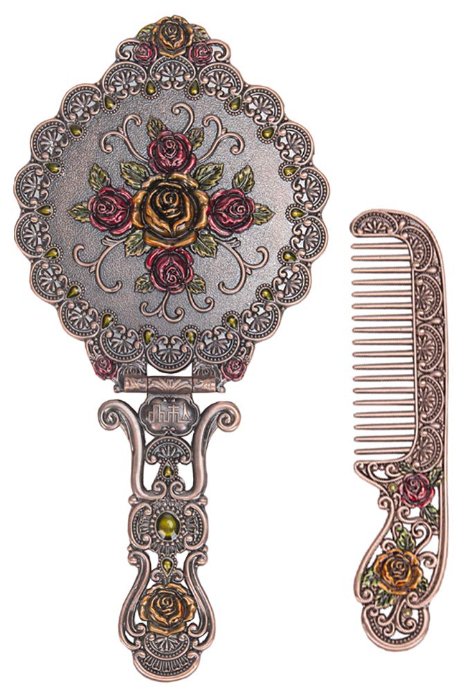VINTAGE METAL ANTIQUE ROSE STYLE HANDHELD MAKEUP MIRROR SET FOLDING ROUND TRAVEL COSMETIC MIRROR WITH HANDLE DECORATIVE TABLETOP VANITY MIRROR FOR WOMEN COPPER