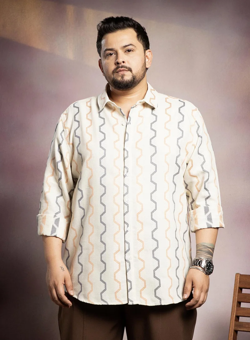 انستافاب بلس Instafab Plus Men's Ecru Beige Zigzag-Weave Shirt For Casual Wear | Spread Collar | Long Cuffed Sleeves | Button Closure | Plus Size Shirt Crafted With Comfort Fit For Everyday Wear