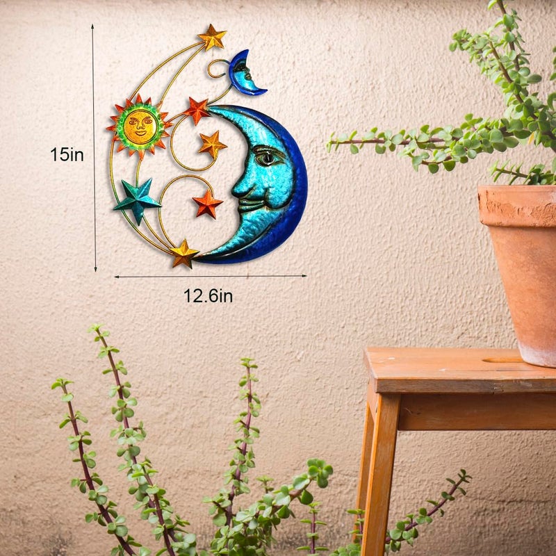 Meduofon Metal Sun Outdoor Wall Art Decor Large Size 17 Sun Face Metal Wall Sculpture with Moon Stars for Home Wall Decoration Living Room Bedroom Outside Decor for Yard Patio Garden Fence Deck Pool - Image 3