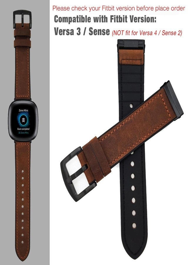 Abanen for Fitbit Versa 3/Sense Watch Bands,Genuine Leather Silicone Hybrid Men Wristband Strap with Stainless Steel Clasp for Fitbit Sense (Brown) - Image 3