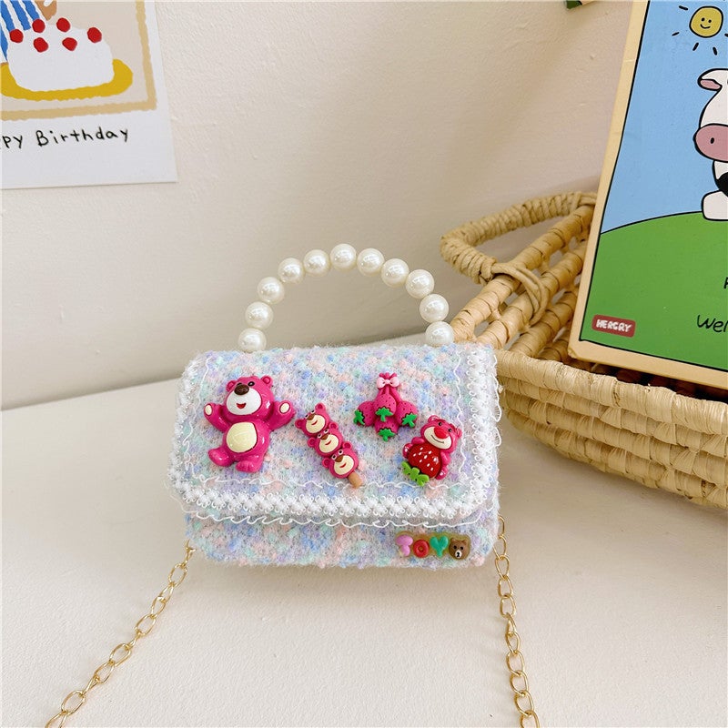 Kids Cartoon Princess Chain Bag Fashion Pearl Light blue 