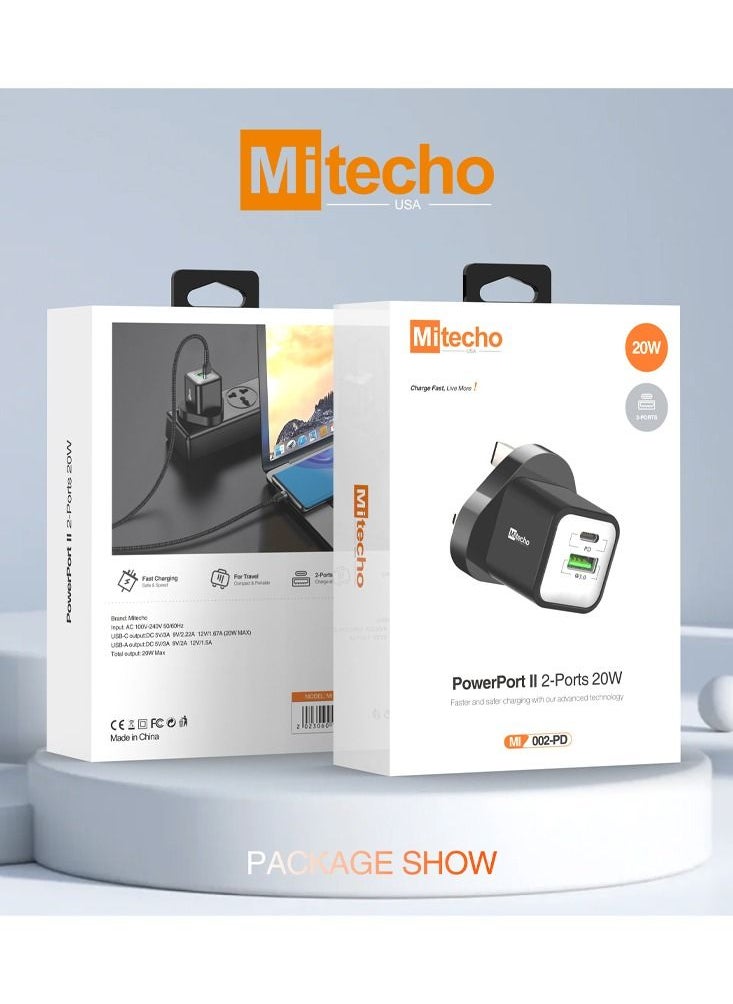 Mi techo - Mi Techo Fast Charge Power Port II 2-Port 20W Fast and Safe Charging Compatible with Android and iOS and Tablets, Earbuds, Portable speaker, Tablets, Power Banks, and all USB Charging Devices - Image 1