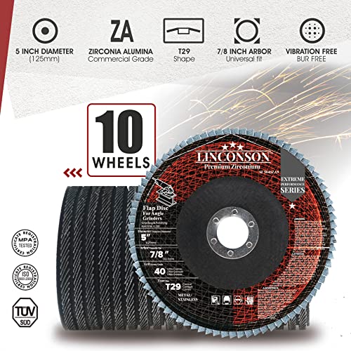 LINCONSON 10 Pack 5 Inch 120 Grit Zirconia Abrasive Grinding Wheel and Flap Sanding Disc for Metal & Stainless Steel 7/8" Arbor T29 Conical (SF 50120ZA9)-Extreme Performance Series - Image 2