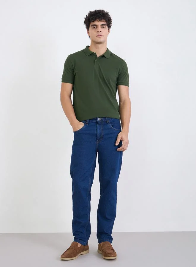 Styli Men Regular Fit Solid Pique Polo with Ribbed Collar