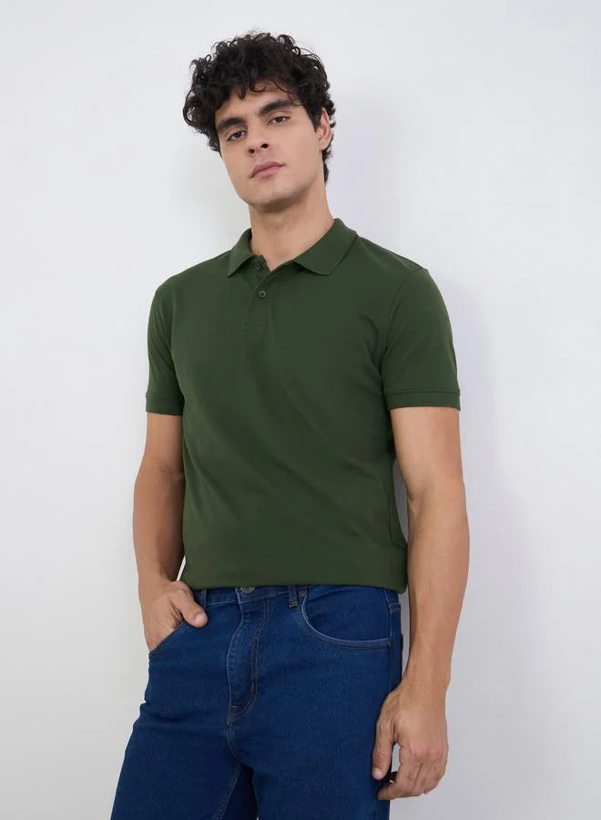 Styli Men Regular Fit Solid Pique Polo with Ribbed Collar