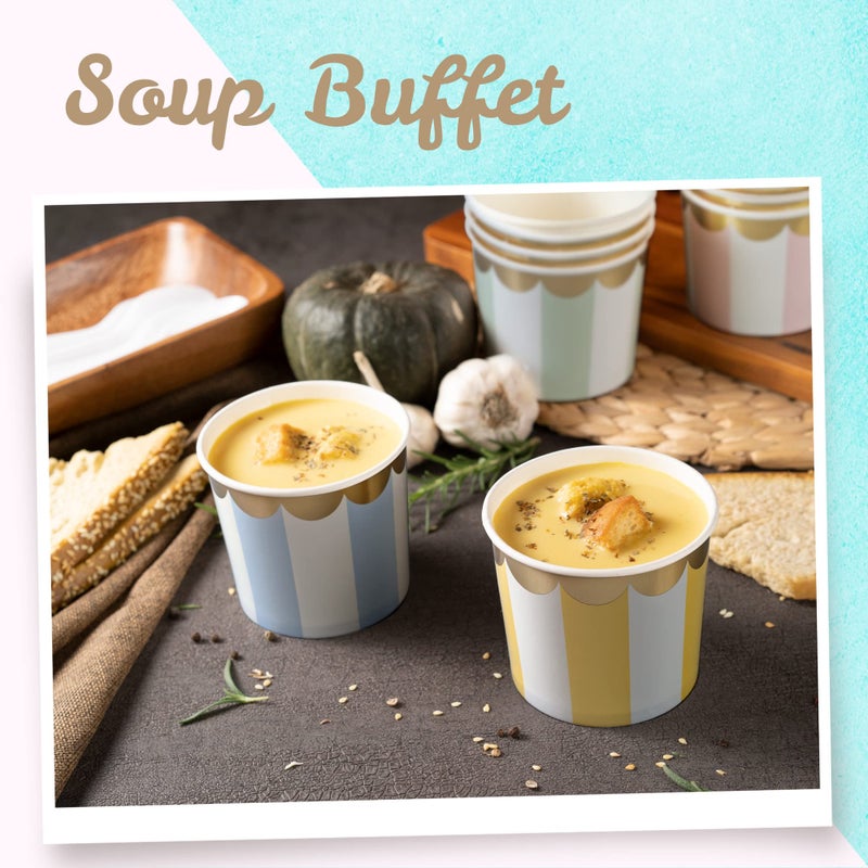 Confettiville Paper Ice Cream Cups, 50-Count 11-Oz Disposable Dessert Bowls for Hot or Cold Food, 11-Ounce Party Supplies Treat Cups, 5 Colors Pastel Stripes with Scalloped Gold Foil - Image 3