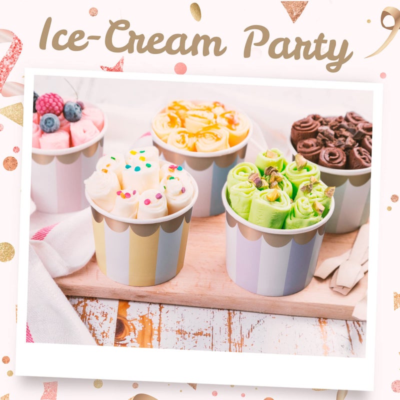 Confettiville Paper Ice Cream Cups, 50-Count 11-Oz Disposable Dessert Bowls for Hot or Cold Food, 11-Ounce Party Supplies Treat Cups, 5 Colors Pastel Stripes with Scalloped Gold Foil - Image 2