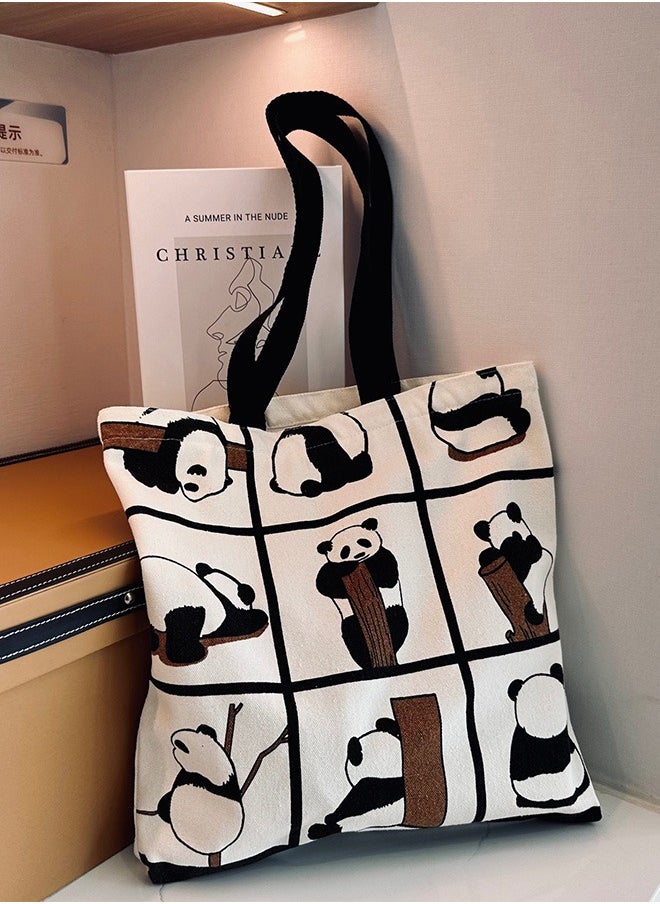 Generic - Cartoon Panda One Shoulder Canvas Bag Large Shopping Bag Travel Bag Inside with Zipper and Small Pocket - Image 1
