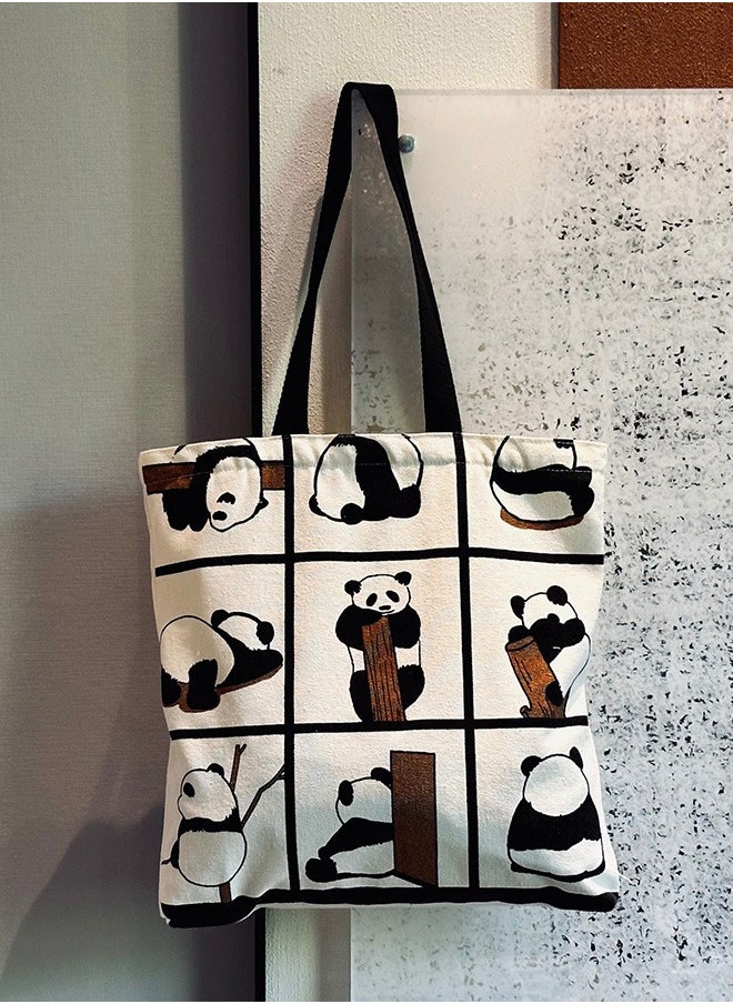 Generic - Cartoon Panda One Shoulder Canvas Bag Large Shopping Bag Travel Bag Inside with Zipper and Small Pocket - Image 1