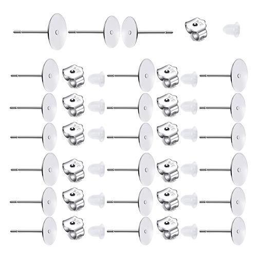 190 PCS Hypoallergenic 925 Sterling Silver Plated Earrings Posts Flat Pad Blank Earrings Pin Studs with 925 Sterling Silver Earring Backs for DIY Jewelry Making Findings5mm 6mm 8mm