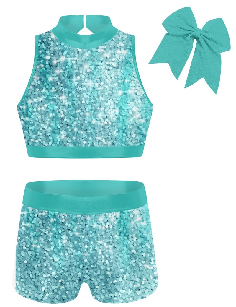 Vogseek Girls Leotards for Gymnastics & Dance Glitter Matching with Athletic Shorts Girl's 7 8 Years Child Unitard Dance Apparel Clothing Size 7 8