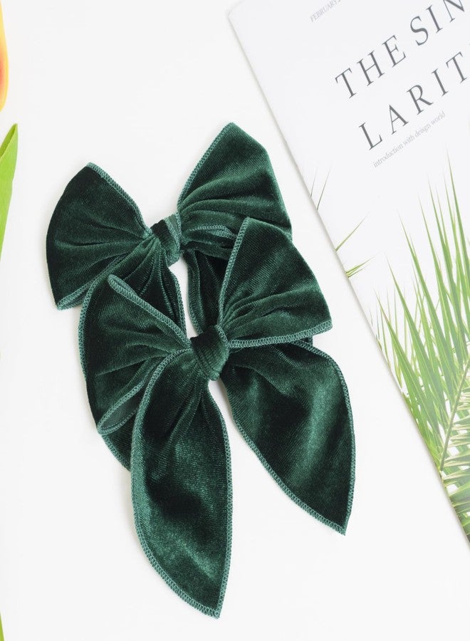 Jeffan 2 Pack Fable Girls Velvet Hair Bows 5 Inch Large Velvet Bow Handmade Hair Accessories for Toddler Kids Teen Girls (Green) - Image 3