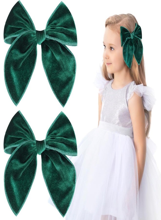 Jeffan 2 Pack Fable Girls Velvet Hair Bows 5 Inch Large Velvet Bow Handmade Hair Accessories for Toddler Kids Teen Girls (Green) - Image 1