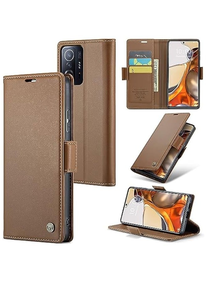 حافظة جلدية مع حجب RFID لهاتف Xiaomi 11T\/11T Pro - بني - Image 1