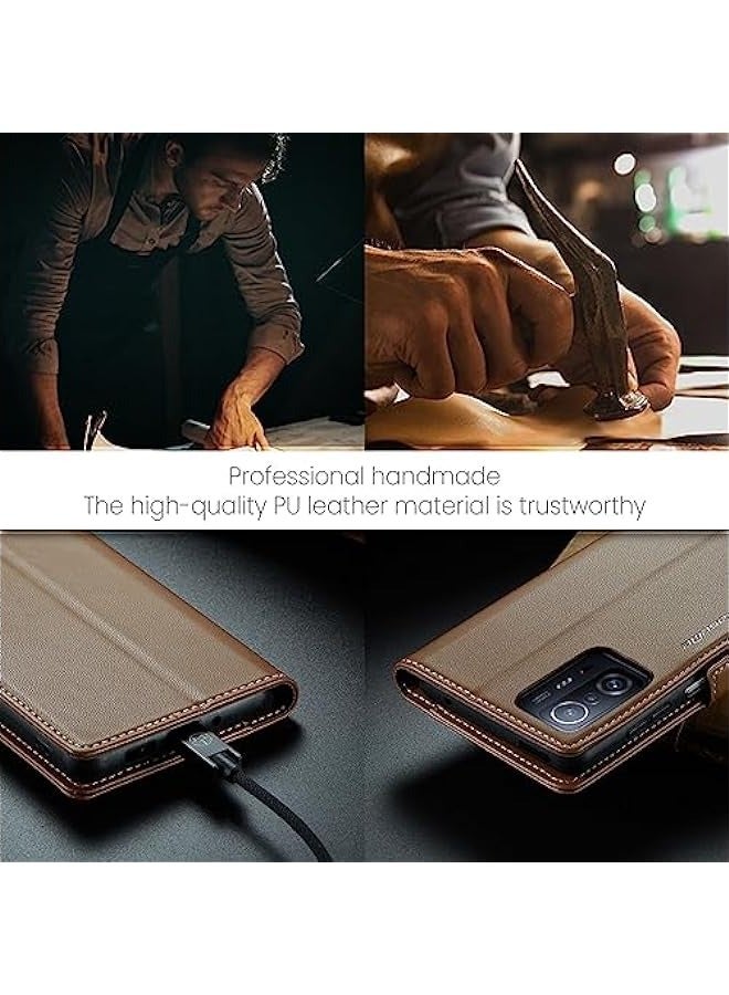 حافظة جلدية مع حجب RFID لهاتف Xiaomi 11T\/11T Pro - بني - Image 5