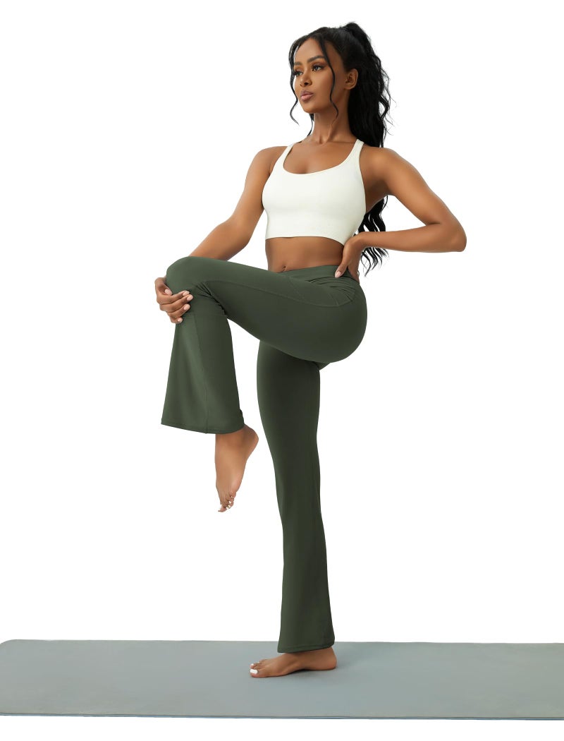 COPYLEAF Womens Yoga Pants with Pockets High Waisted Flare Leggings Bell Bottom Yoga Dress Pants Seamless Bootcut Pants(Olive Green M) - Image 4