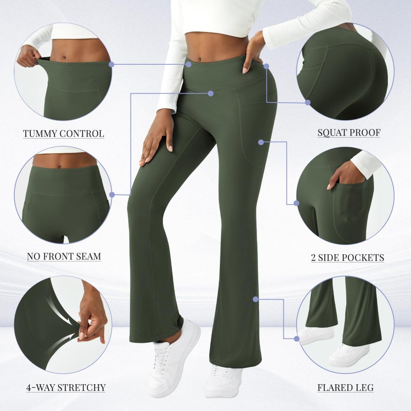COPYLEAF Womens Yoga Pants with Pockets High Waisted Flare Leggings Bell Bottom Yoga Dress Pants Seamless Bootcut Pants(Olive Green M) - Image 5