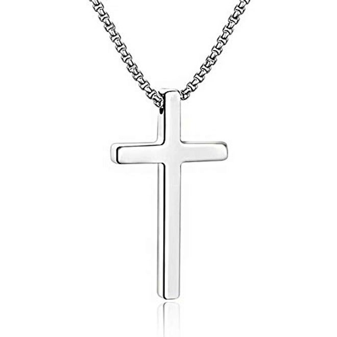 M MOOHAM Cross Necklace for Men & Teen Boys | Stainless Steel Cross Pendant Chain in Silver, Silver Cross Pendant 2.1"x1.2", Gold | 16-30 Inch Adjustable Length | Religious Jewelry Gift