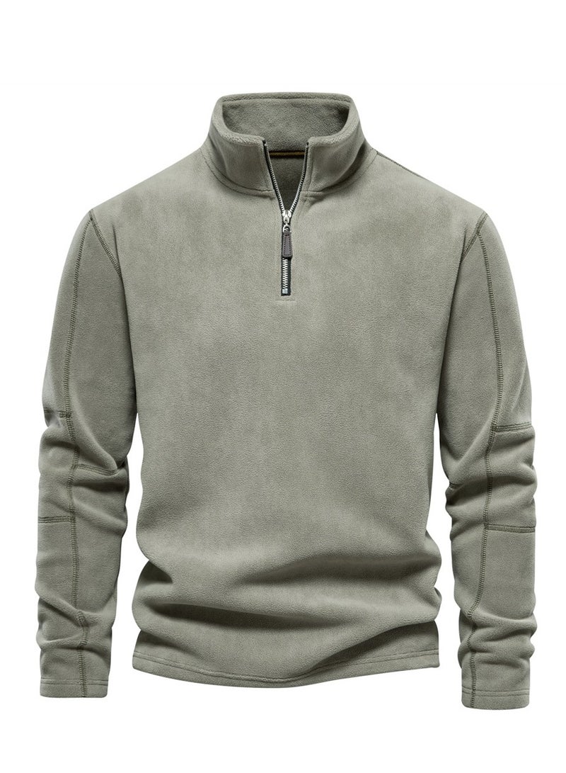 Loquat Men's Autumn And Winter Standing Collar Long Sleeved Hoodie Fleece Top  Olive Green  - Image 1