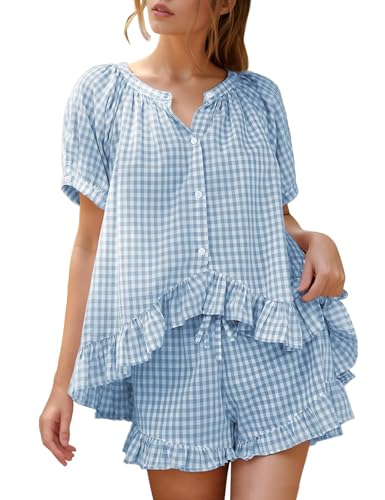 Flygo Womens Gingham Pajamas Set 2 Piece Cotton Pj Lounge Sets Puff Sleeve Ruffle Babydoll Shirt Shorts Summer OutfitsBlueL - Image 1