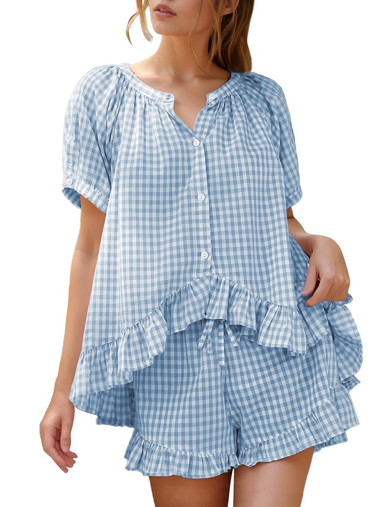 Flygo Womens Gingham Pajamas Set 2 Piece Cotton Pj Lounge Sets Puff Sleeve Ruffle Babydoll Shirt Shorts Summer OutfitsBlueL - Image 2