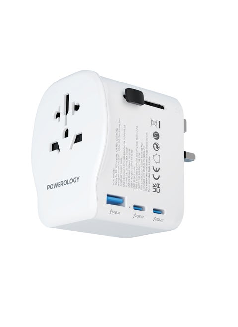 محول سفر عالمي 2300 واط بتقنية GaN PD45W وضمانات مدمجة / منفذ مزدوج من النوع C مع منفذ USB-A واحد / حماية التأريض الأرضي / شاحن محمول / محول متعدد الوظائف - أبيض