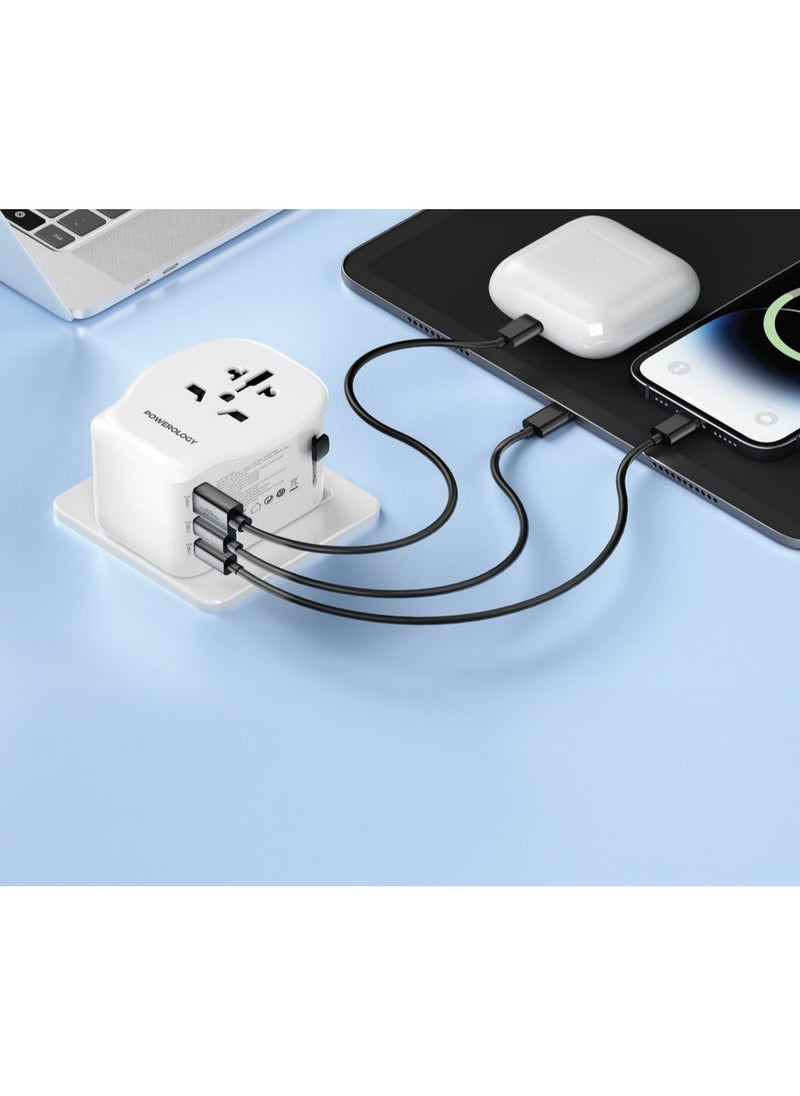 محول سفر عالمي 2300 واط بتقنية GaN PD45W وضمانات مدمجة / منفذ مزدوج من النوع C مع منفذ USB-A واحد / حماية التأريض الأرضي / شاحن محمول / محول متعدد الوظائف - أبيض