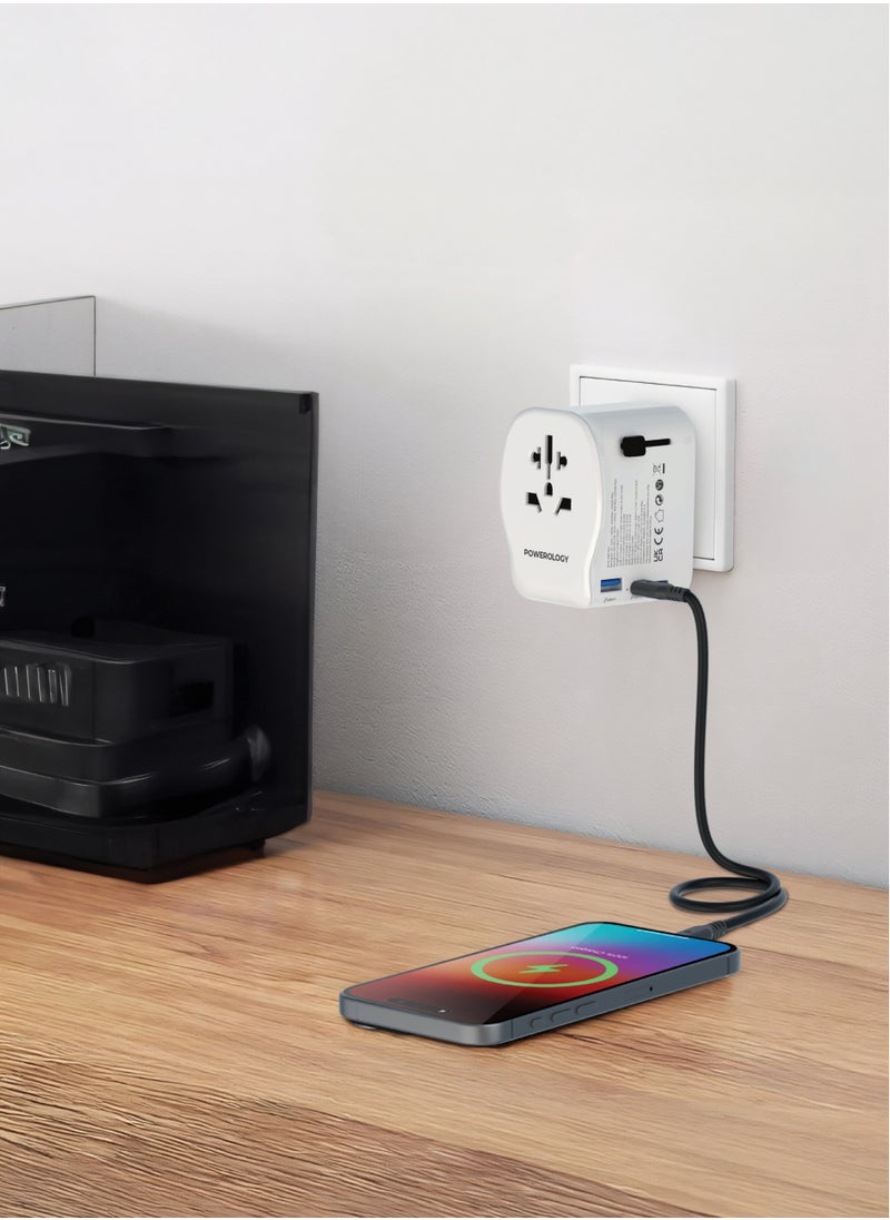 محول سفر عالمي 2300 واط بتقنية GaN PD45W وضمانات مدمجة / منفذ مزدوج من النوع C مع منفذ USB-A واحد / حماية التأريض الأرضي / شاحن محمول / محول متعدد الوظائف - أبيض