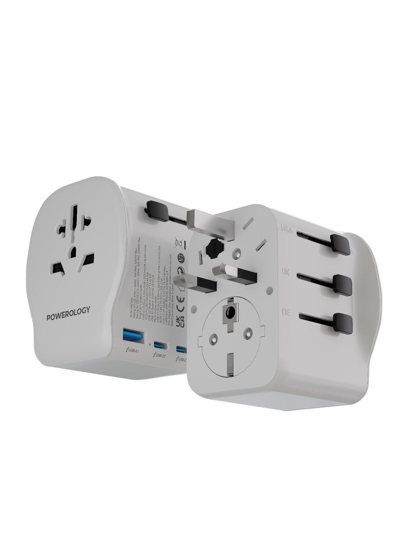 محول سفر عالمي 2300 واط بتقنية GaN PD45W وضمانات مدمجة / منفذ مزدوج من النوع C مع منفذ USB-A واحد / حماية التأريض الأرضي / شاحن محمول / محول متعدد الوظائف - أبيض