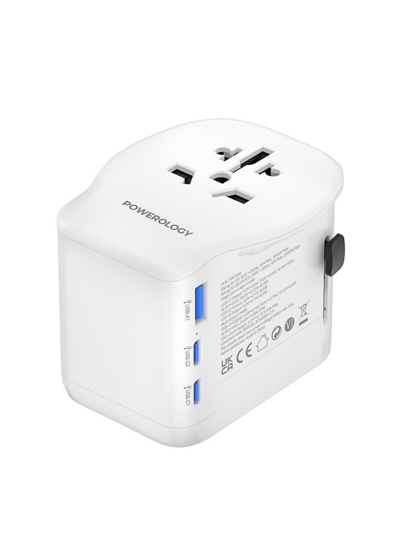 محول سفر عالمي 2300 واط بتقنية GaN PD45W وضمانات مدمجة / منفذ مزدوج من النوع C مع منفذ USB-A واحد / حماية التأريض الأرضي / شاحن محمول / محول متعدد الوظائف - أبيض